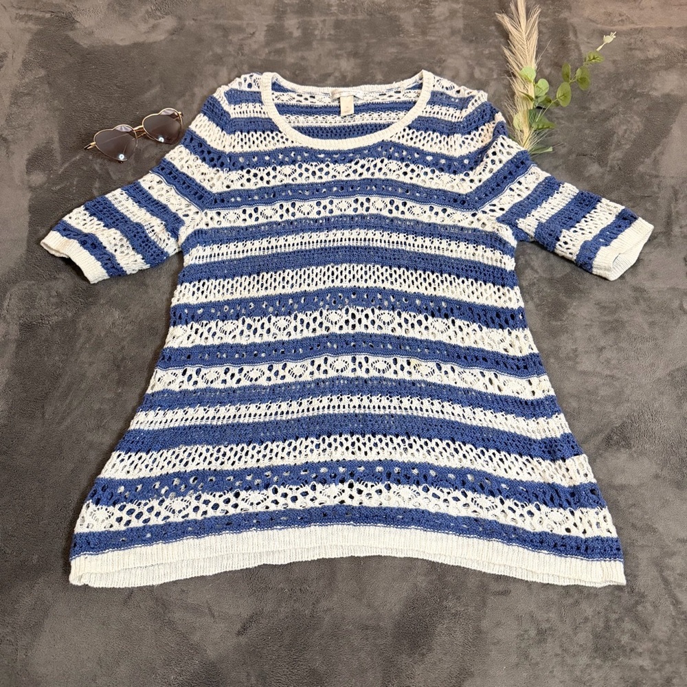 Blue and White Striped Crochet Knit Top Sz XL